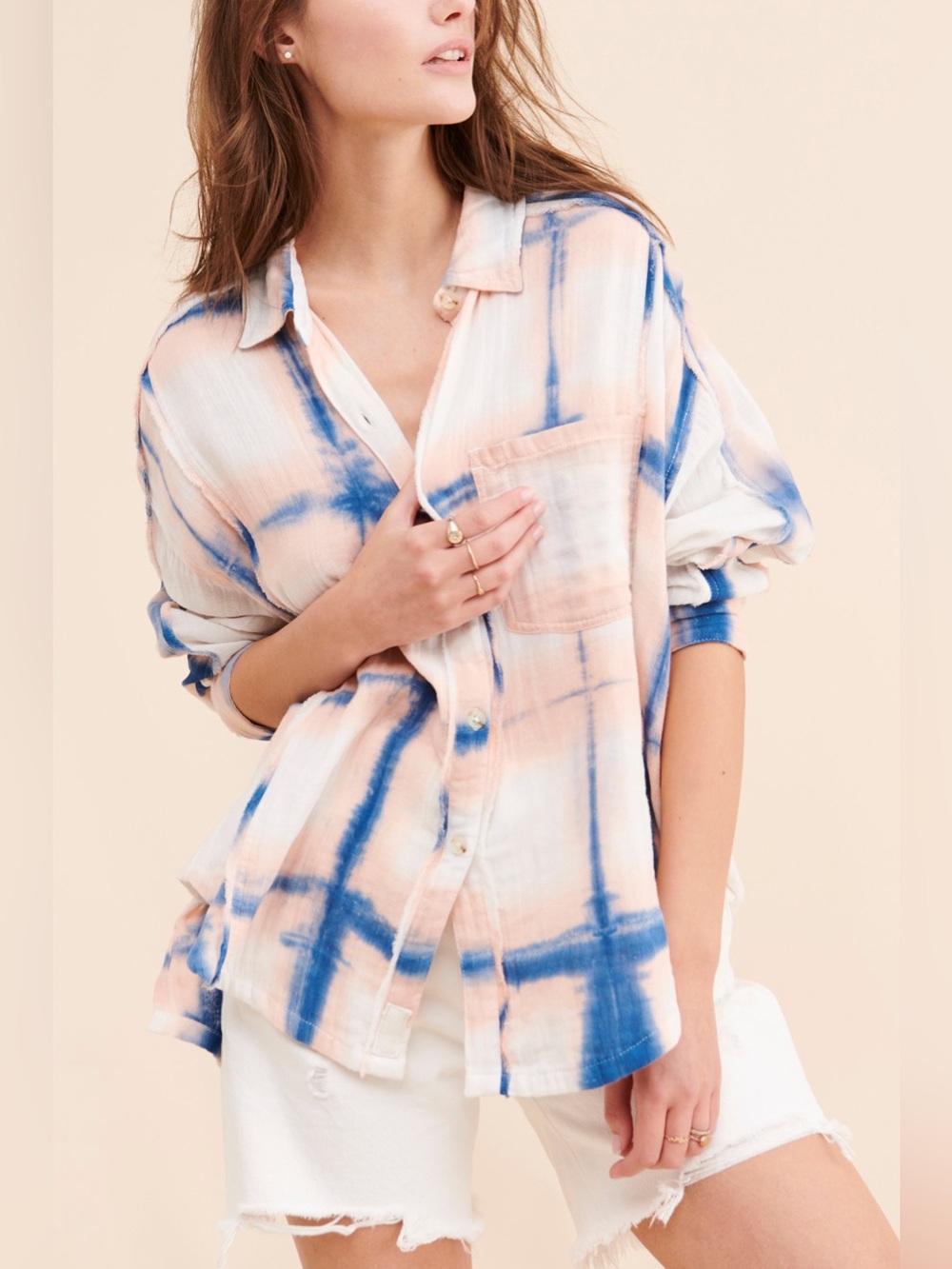 Free People We the Free Washed Away Plaid Tie Dye Button Down Top in Size Small
